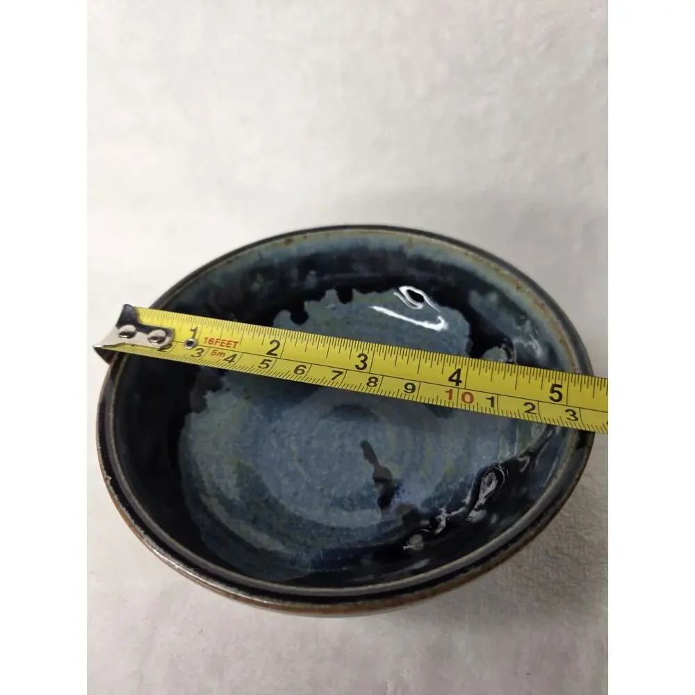 Studio Art Pottery Bowl Blue Drip Glaze Marked Bear Paw SMK